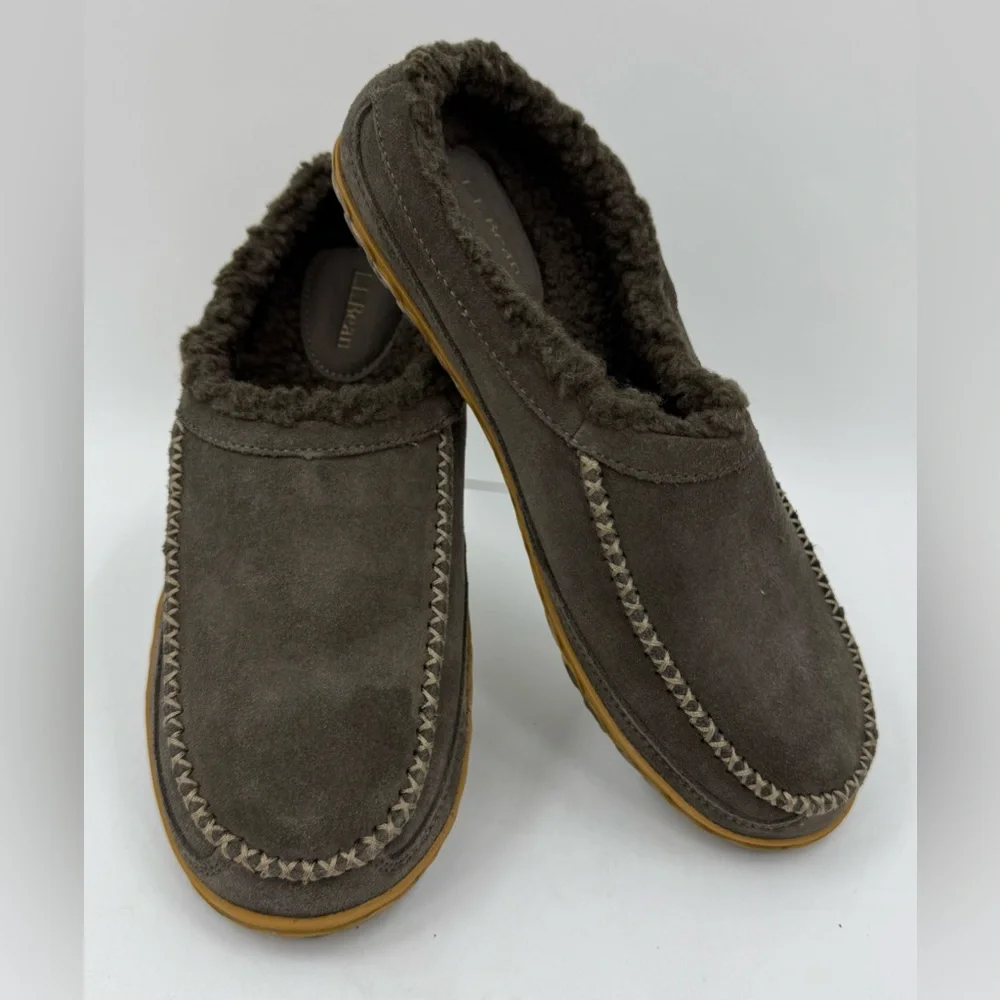 L.L. Bean Mountain Moccasin Scuff Winter Slippers Mens Size 8M Gray Leather NWOB